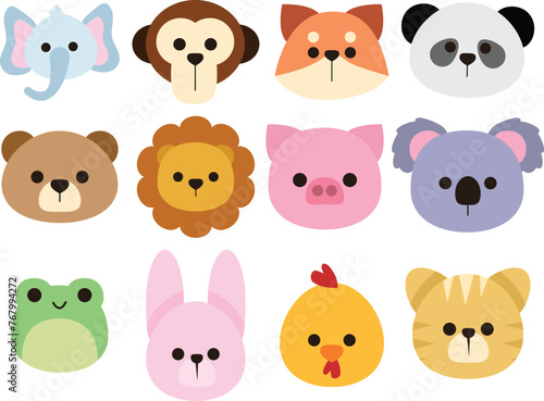 Fototapeta Naklejka Na Ścianę i Meble -  Cute Animal Head Sticker Collection Set