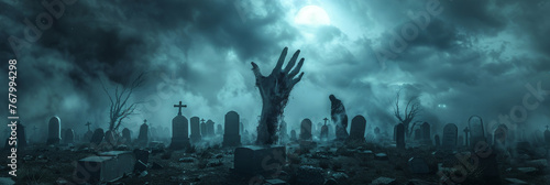 halloween background, Hand of the zombie coming out from ground on  full moon night sky with fog and tombstones background, scarry night horror, banner #767994298
