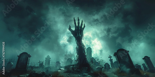 halloween background, Hand of the zombie coming out from ground on full moon night sky with fog and tombstones background, scarry night horror, banner