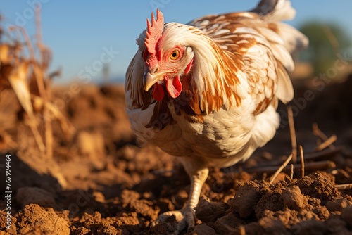 Brown chicken scratching in search of food under the sun., generative IA