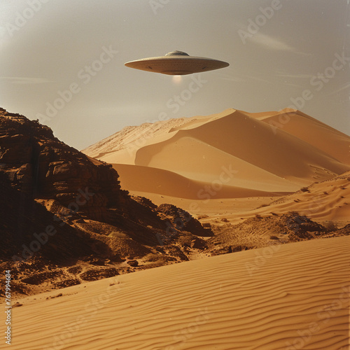 A scene showing a UFO silently gliding above the Sahara Desert its shadow moving across the vast