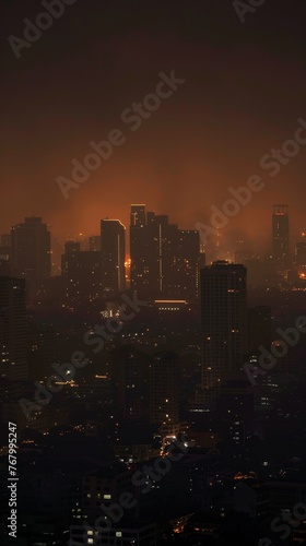 Evening silhouette of Bangkok's skyline with luminous city lights and smoggy haze under a dusky sky