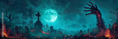 halloween background, Hand of the zombie coming out from ground on full moon night sky with fog and tombstones background, scarry night horror, banner