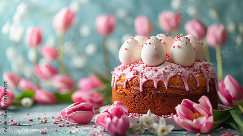 Easter cake decorated with Easter eggs, spring flowers and sweet powder. Traditional Easter background