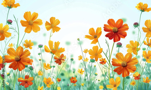 Artistic depiction of a field of golden yellow wildflowers with a bright and inviting blue sky.