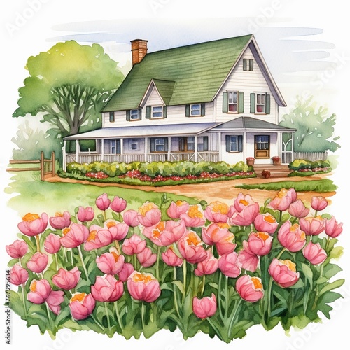 Farmhouse with a flower garden  watercolor illustration clipart