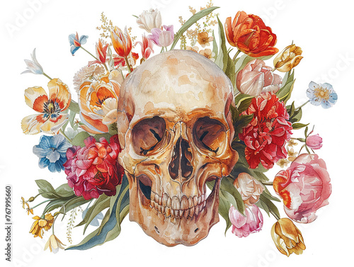 A skull decorated with a crown of colorful spring flowers including tulips and peonies #767995660