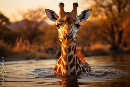 Majestic giraffe bowing to drink in Rio., generative IA photo