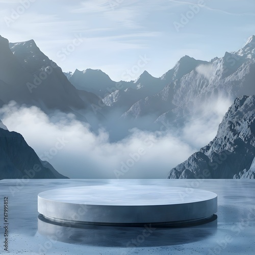 3D empty podium with Mountains under the morning mist background for product display presentation © Namphon