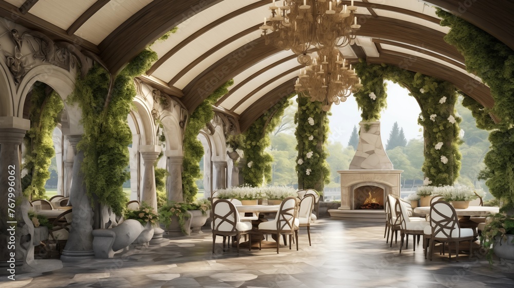 Luxury outdoor garden pavilion with carved stone columns, vaulted wood ceilings, crystal chandeliers and living greenery walls