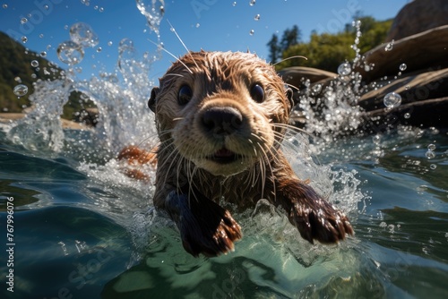 Navy otter diving and playing in the sea., generative IA
