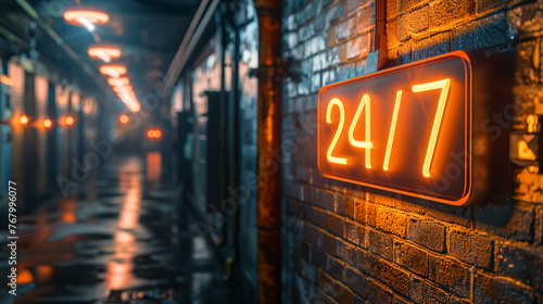 A sleek neon sign showing "24/7" in bright yellow and orange casting a vivid glow on a modern