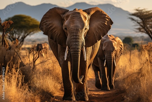 Safari elephants, lions and giraffes in nature., generative IA