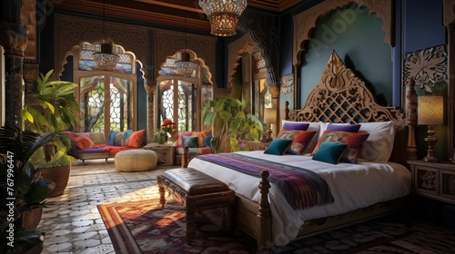 Maximalist Moroccan oasis bedroom with soaring carved wood ceilings in an ornate lattice pattern and walls covered in vibrant hand-painted tile work © Aeman