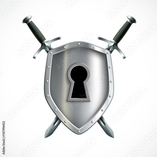 Metal shield with a keyhole and swords. Isolated on white background. Stock vector illustration