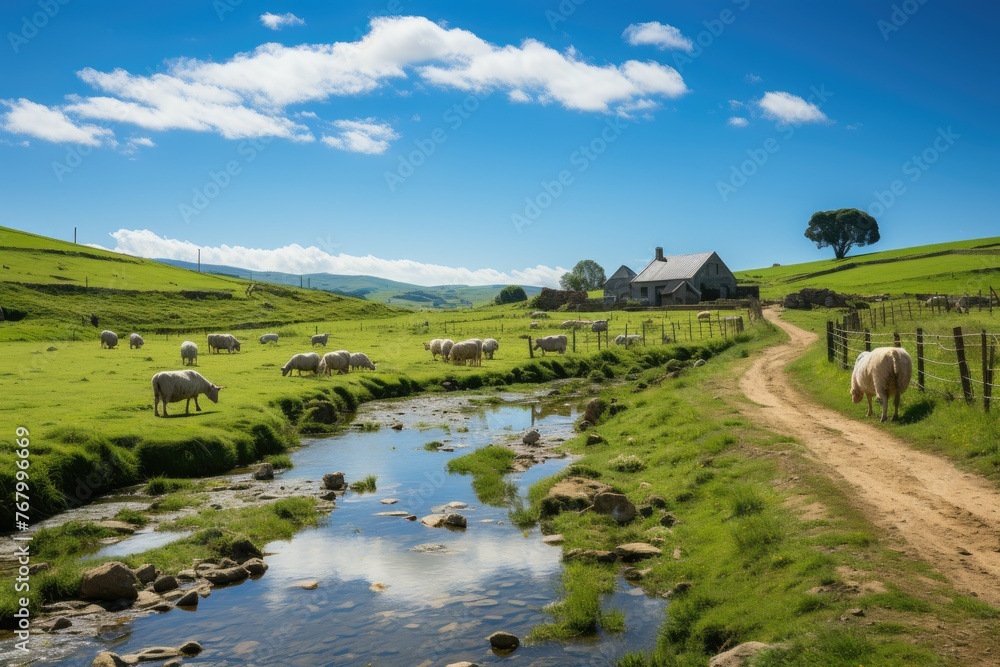 Serena farm with grazing animals under blue sky., generative IA