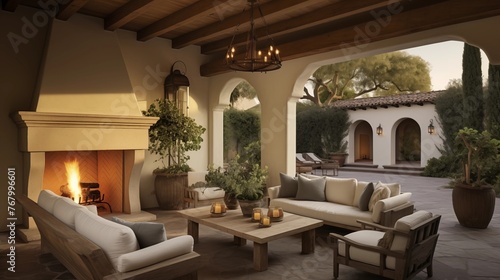 Mediterranean outdoor living room with loggia, stucco fireplace, and rustic wood beams