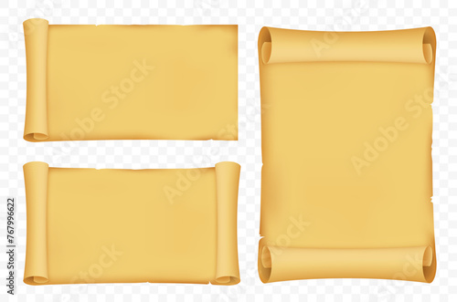 Blank paper scrolls or ancient manuscripts. Isolated on a transparent background. Stock vector templates