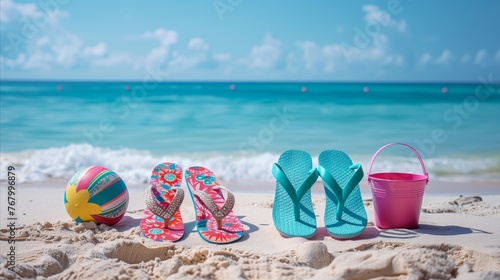 Colorful flip-flops and beach toys on sandy shore