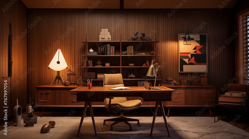Obraz premium Midcentury modern home office with peg wall storage, iconic vintage furniture, and sleek lighting