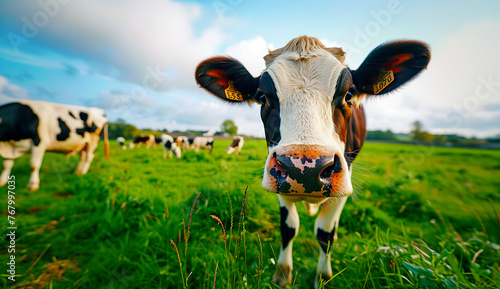 climate change and cow methane emissions: frontal portrait of a  cow looking directly to camera photo