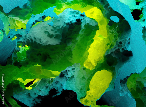 3d render abstract art with part of surreal damaged broken sphere ball asteroid stone object in metalic iron material in emerald green blue with fluorescent yellow color core on black background