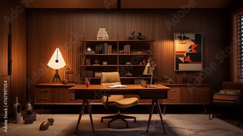 Midcentury modern home office with peg wall storage  iconic vintage furniture  and sleek lighting