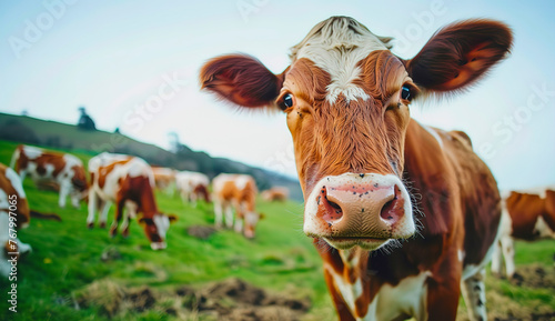 climate change and cow methane emissions: frontal portrait of a cows looking directly to camera