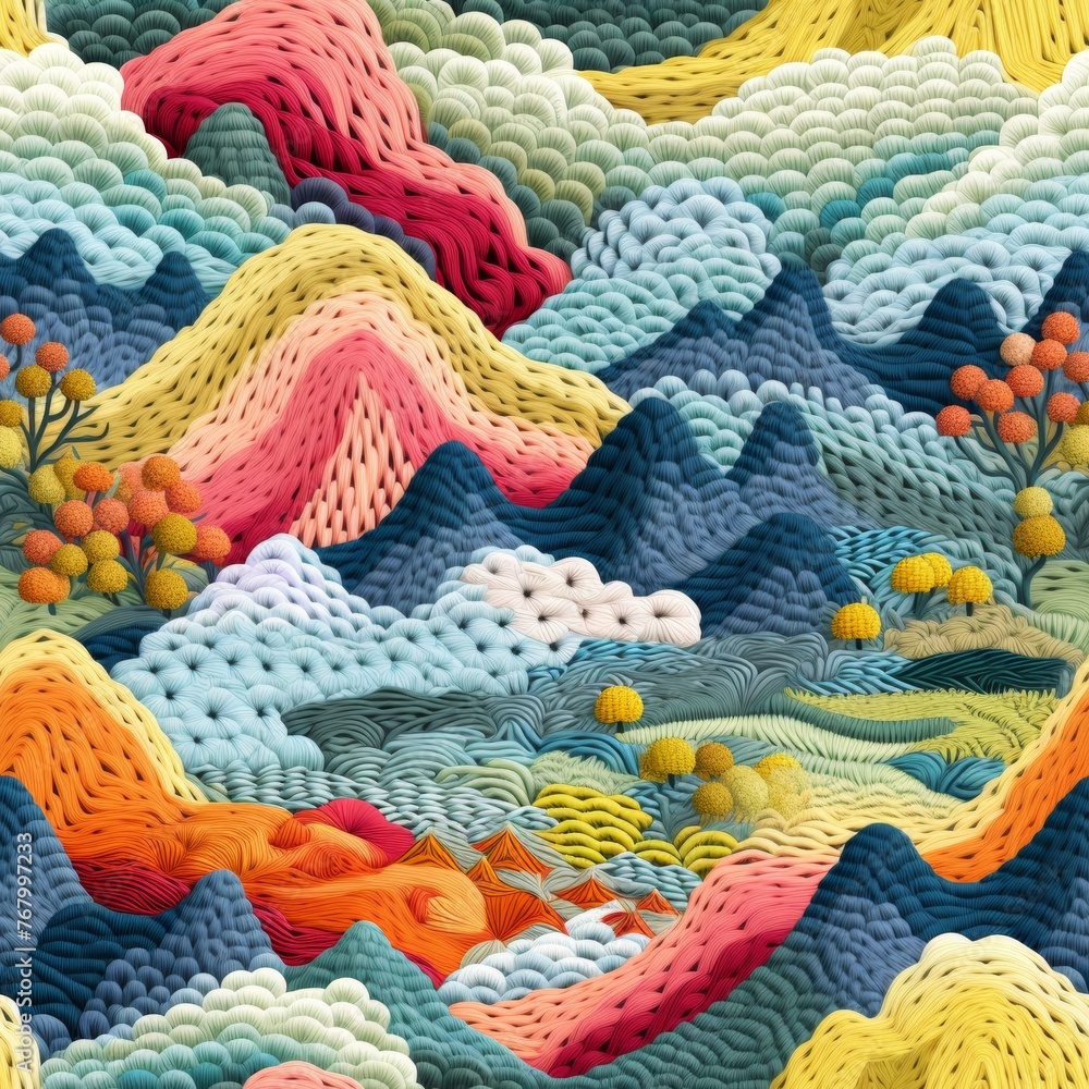Abstract Landscape Embroidery, Modern landscape embroidery patterns, 2D illustration seamless pattern
