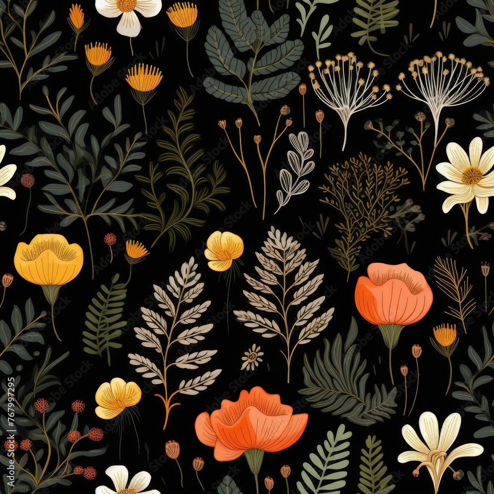 Botanical Embroidery, Detailed botanical illustrations for nature lovers, 2D illustration seamless pattern - obrazy, fototapety, plakaty 