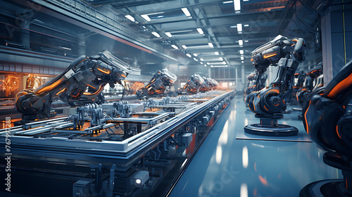 A high-tech manufacturing facility filled with precision robotic arms and conveyor belts.
