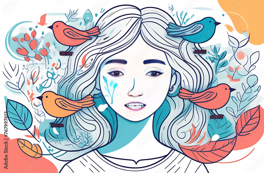Mental health issues concept. Girl surrounded by swirling abstract elements such as birds and leaves. Flurry of thoughts, emotions, and experiences that can affect mental health Mental health issues concept. Girl surrounded by swirling abstract elements such as birds and leaves. Flurry of thoughts, emotions, and experiences that can affect mental health
