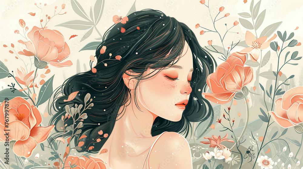A whimsical illustration of femininity featuring floral motifs, pastel colors, and delicate details, capturing the enchanting essence of feminine beauty. A whimsical illustration of femininity featuring floral motifs, pastel colors, and delicate details, capturing the enchanting essence of feminine beauty.