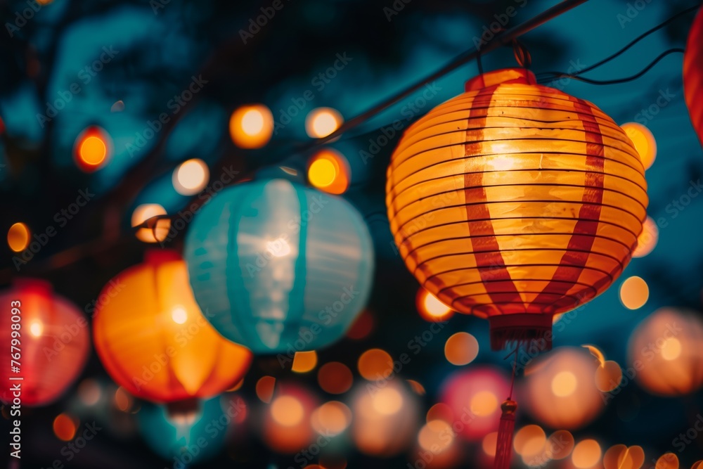 Fototapeta premium Warm yellow tones of hanging lanterns at night