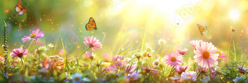 Beautiful spring meadow  background with grass, flowers and butterflies on a sunny day.  pink daisies and a purple butterfly in the sunlight. Spring concept banner design. Easter day. 