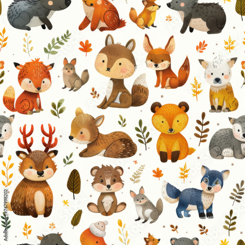 Seamless pattern design of adorable woodland creatures, suitable for children's textiles and wallpapers.