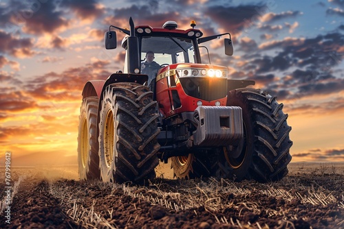 a tractor driving through a field photo