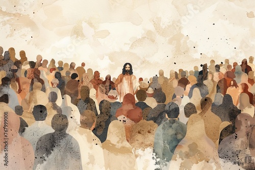 Jesus surrounded by the hungry masses, Jesus Feeds the Five Thousand simplicity and beauty of the miracle Christian Faith