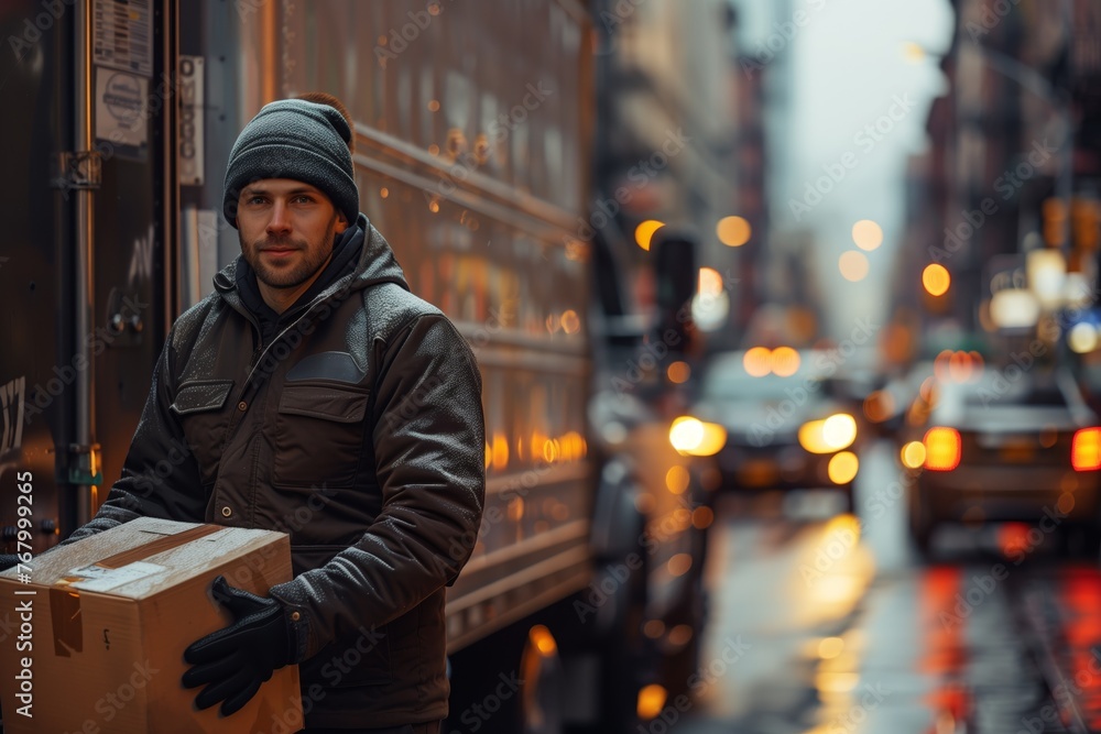 Postal worker with a parcel near a delivery truck