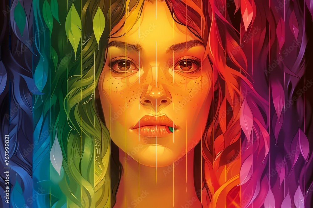Colorful Artistic Portrait of a young Woman with Vivid Rainbow Hair and Intense Gaze on Abstract Background