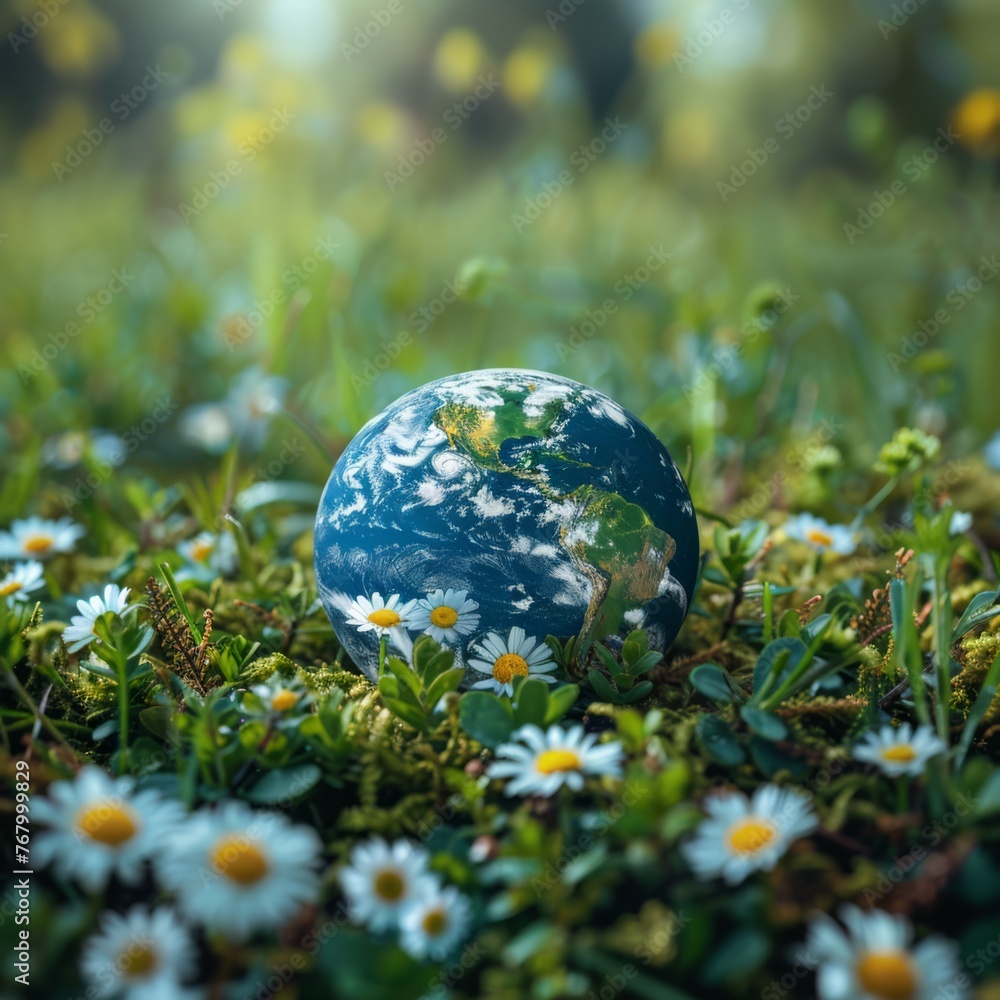 Earth day, Green planet earth with flowers around. World environment protection Earth day, Green planet earth with flowers around. World environment protection