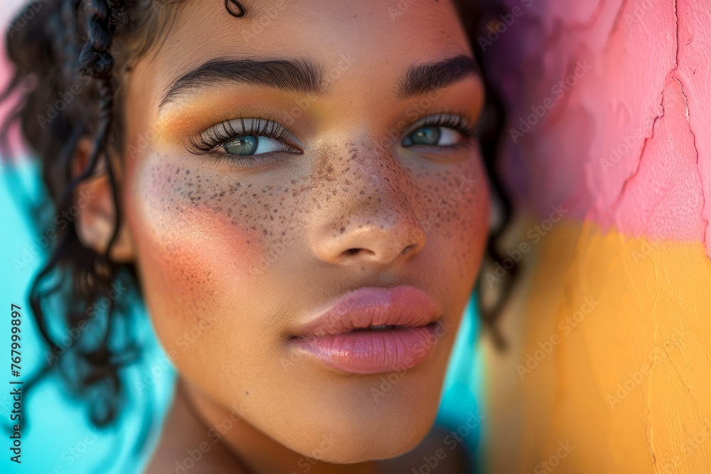 Close Up Portrait of a Young Woman with Freckles and Curly Hair Against a Colorful Background Close Up Portrait of a Young Woman with Freckles and Curly Hair Against a Colorful Background
