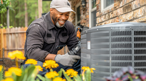 HVAC Maintenance in a Blooming Garden. A technician inspects and repairs an outdoor HVAC unit surrounded by vibrant yellow flowers, with a house in the background. professional maintenance service in  photo