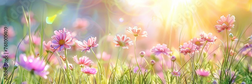 Beautiful spring meadow with grass and flowers in sunlight background banner, spring themed designs, nature projects, backgrounds, greeting cards, and floralthemed marketing materials.   © Planetz