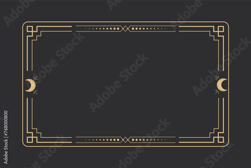 Line golden frame, celestiam minimal esoteric border, mystyc linear decoration with dots, corners isolated on dark background. Geometric shape, tarrot 