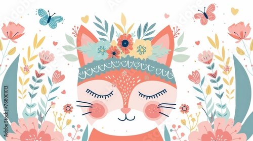 Boho-style print design featuring a cute cat surrounded by butterflies and flowers.