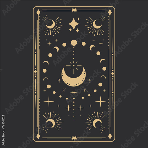 Alchemical esoteric mystical magic templates for tarot cards frame border with golden celestial elements, esoteric astrology mystery ornament with moon, star isolated on dark background.