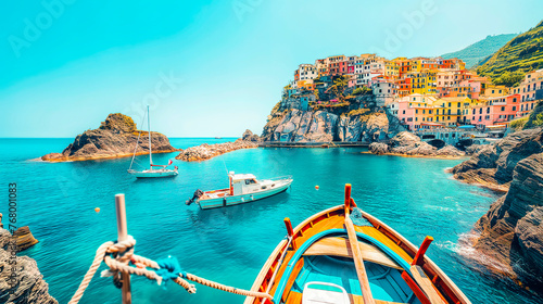 Sunny Coastal Scene: Colorful Boats and Village by the Sea