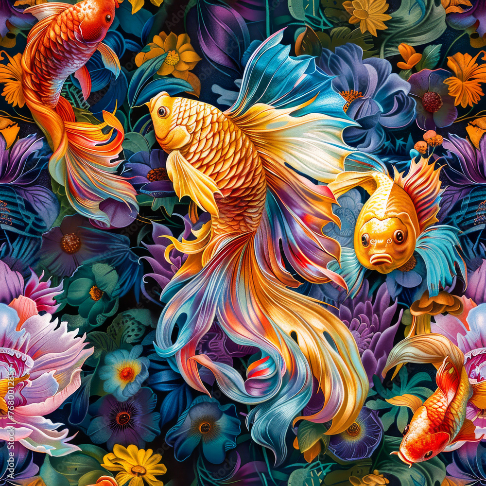 Rococo Fish Painting.  Generated Image.  A digital rendering of a painting of fish in the rococo art style.