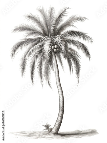 Black and white silhouettes sketches of tropial coconut palm tree,  isolated on white background. photo
